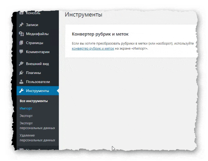 раздел инструменты WordPress