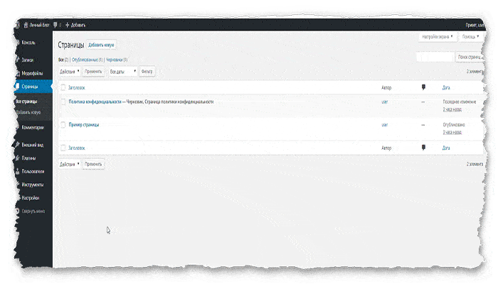 раздел станицы WordPress