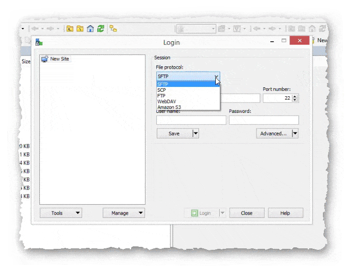выбор протокола в WinSCP