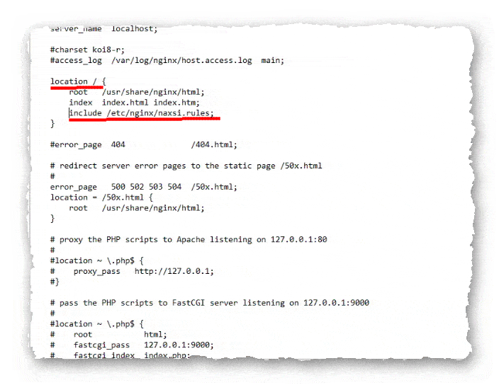 подключение правил блокировки NAXSI в Nginx
