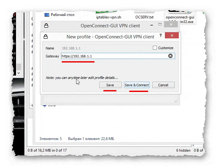 ввод данных для подключения к серверу OpenConnect