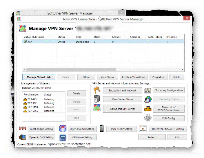 основное окно управления сервера SoftEther VPN