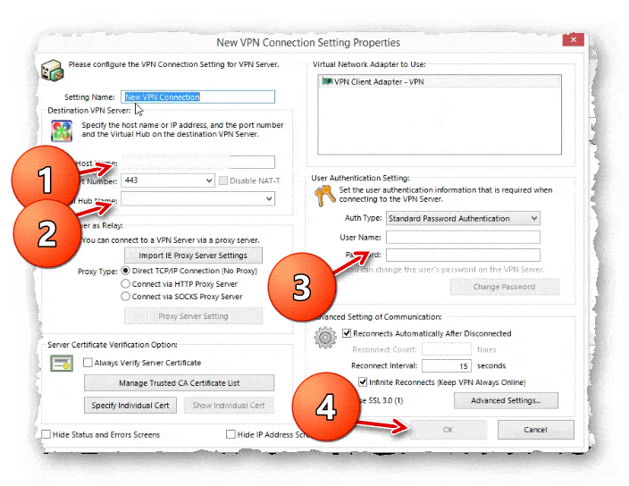 создание подключения в программе SoftEther VPN Client Manager
