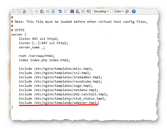 подключение adminer в файле 00-default-ssl.conf