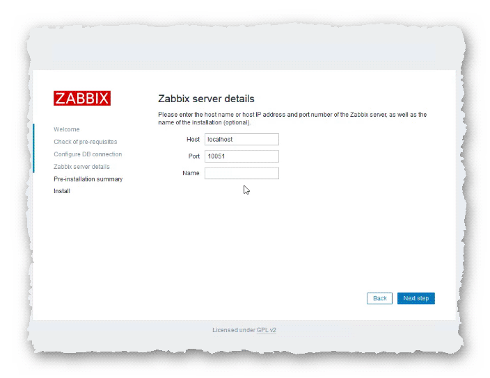 детализация сервера для установки веб-панели сервера Zabbix