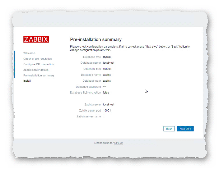 сводка сделанных настроек для установки веб-панели сервера Zabbix