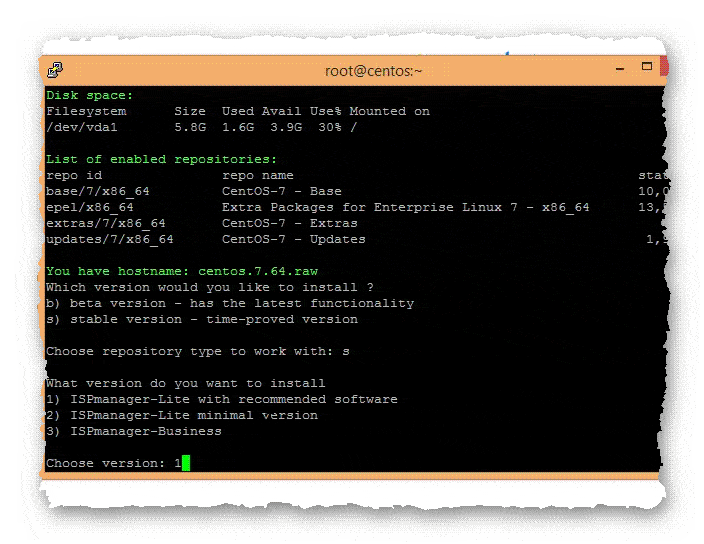 выбор версии ISPmanager для установки