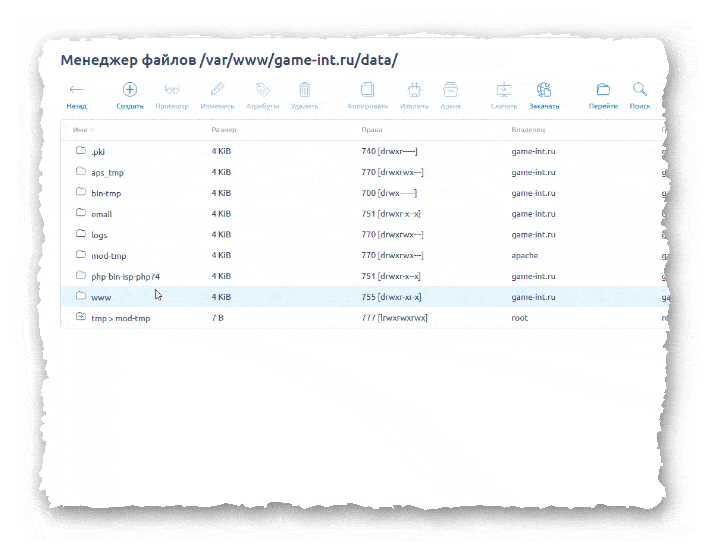 директория data работающего сайта в ISPmanager