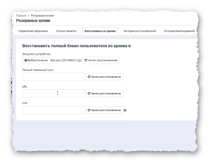 раздел восстановления бэкапов в BrainyCP