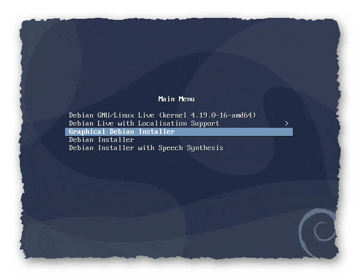 меню установочного носителя с Debian 10