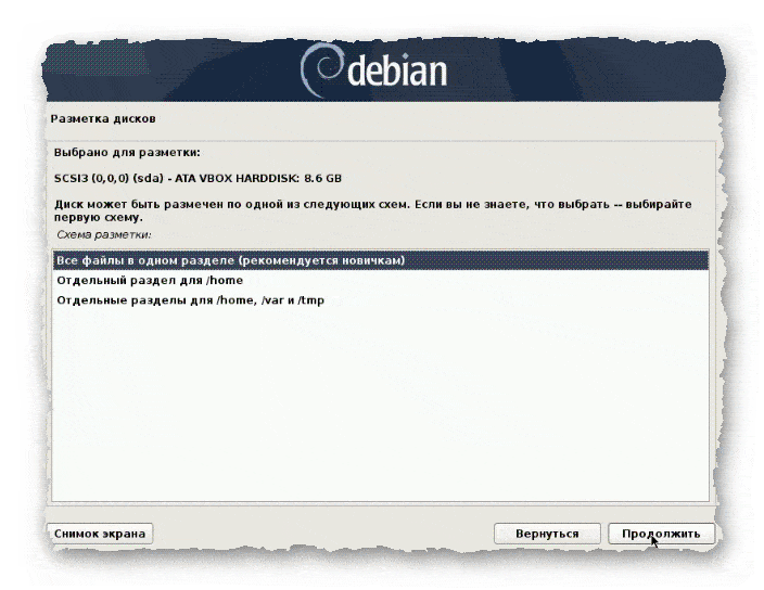 разметка диска при установке Debian 10 - шаг 3
