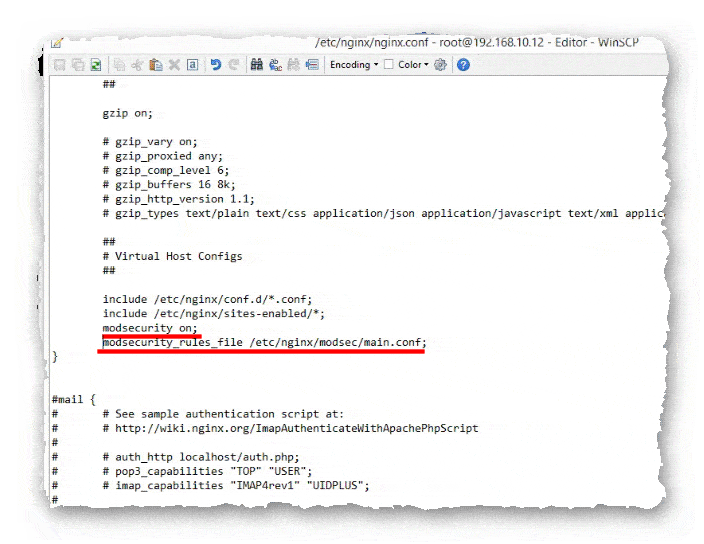 активация и подключение конфига ModSecurity в nginx